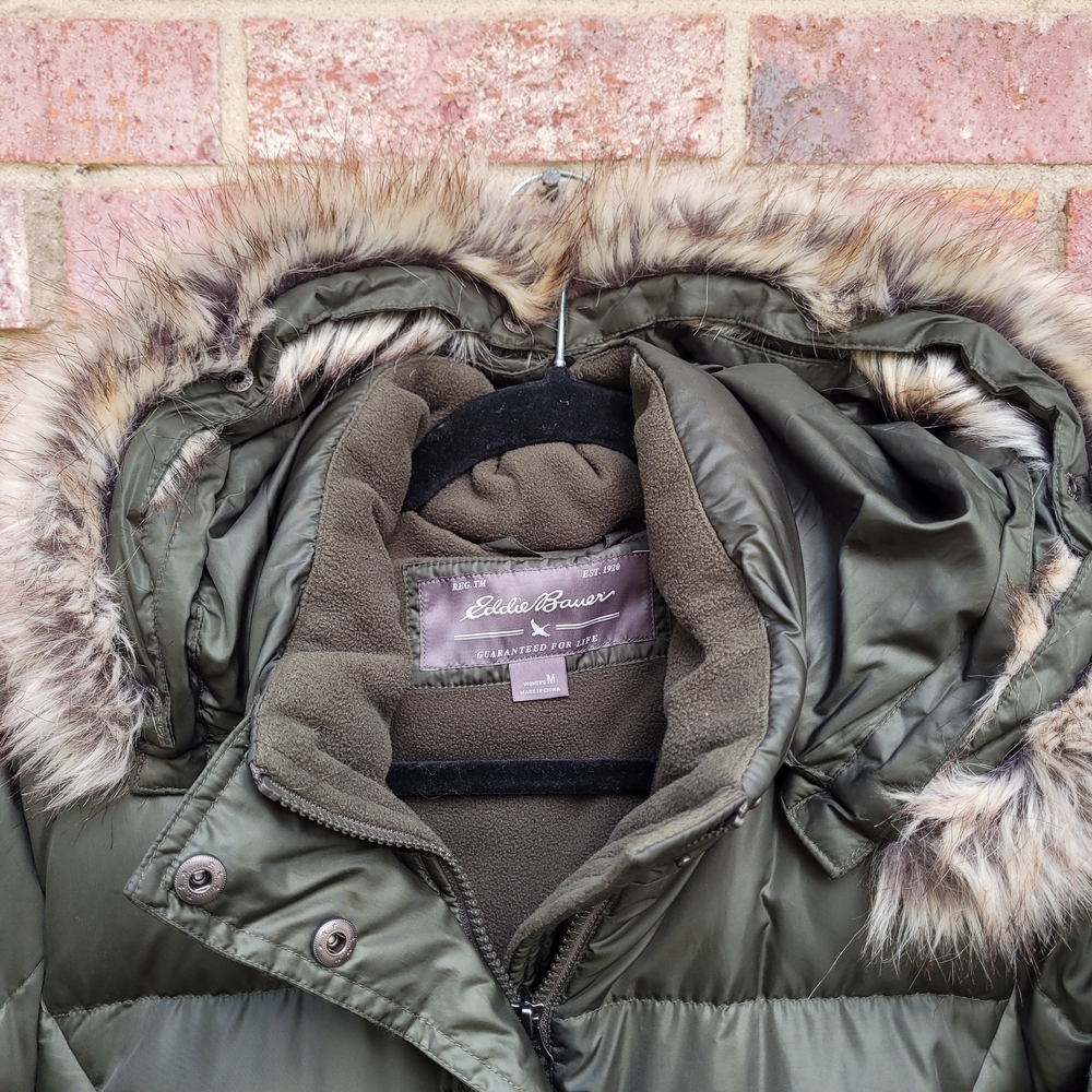 Eddie Bauer Lodge Dark Green Hooded Down Duffle Coat with Faux Fur Trim - Picture 3 of 12